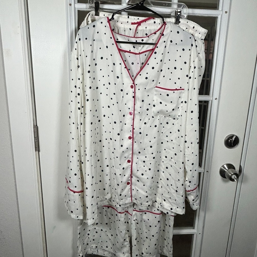 Summersalt Polka Dot Satin Pajama Set White Navy Pink Piping 2XL Loungewear